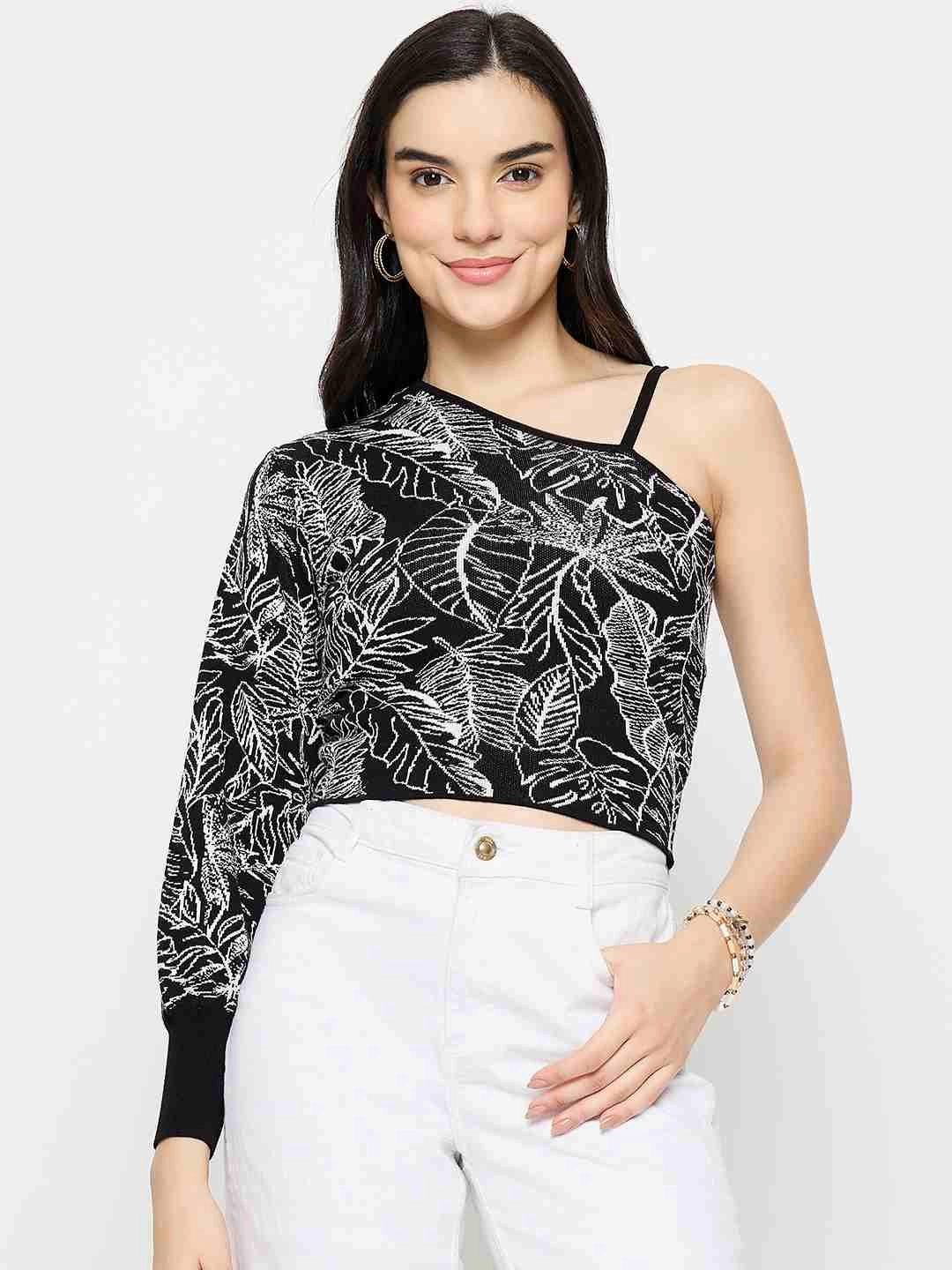 FrayResistant Fabric Convertible Design Madame Printed One Shoulder Black Knitted Top