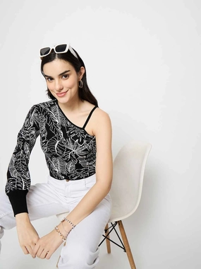 Madame Printed One Shoulder Black Knitted Top ThermalInsulation