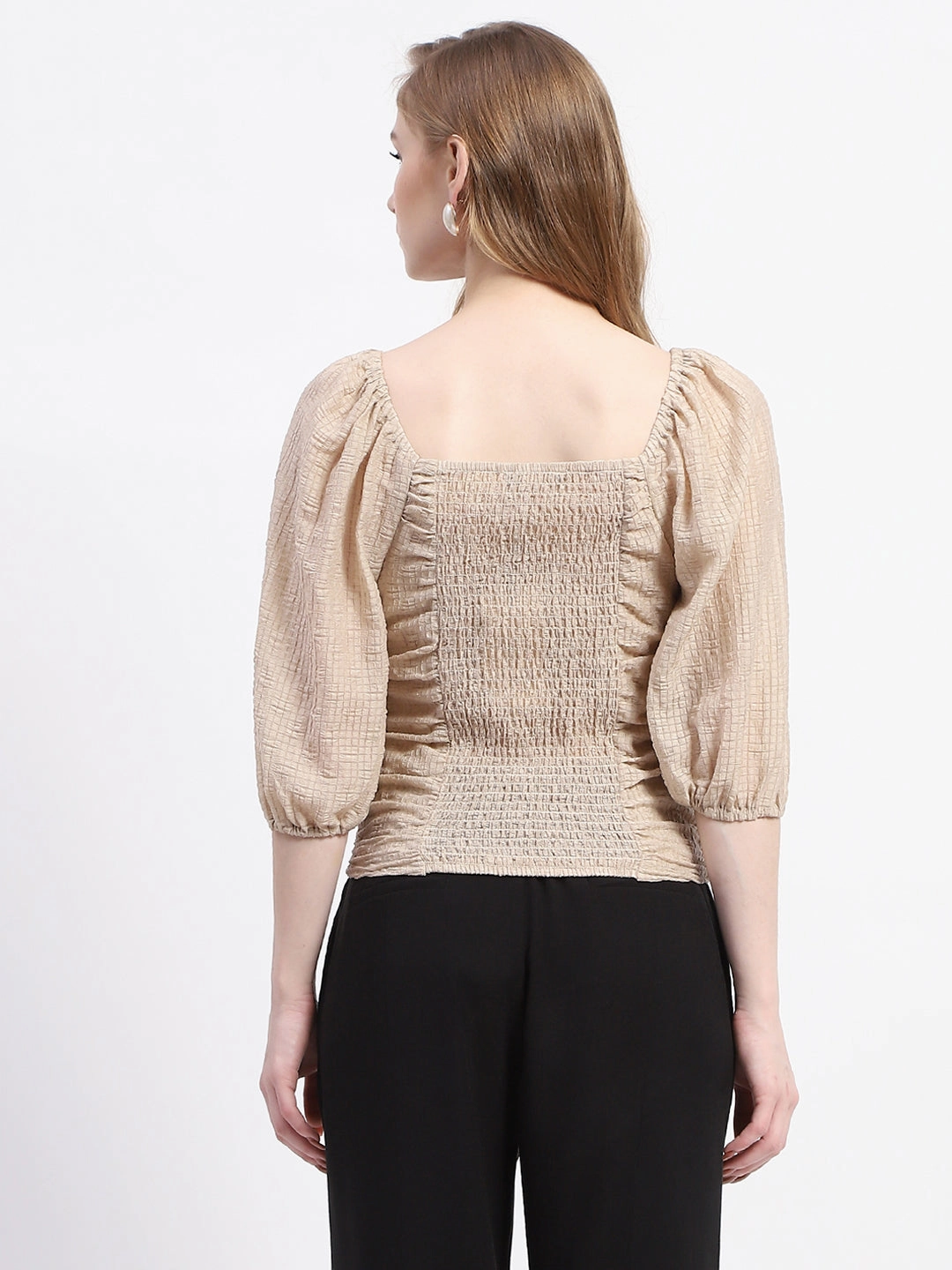 Layered Hem Detailing Madame Beige Ruched Top with Puff Sleeves