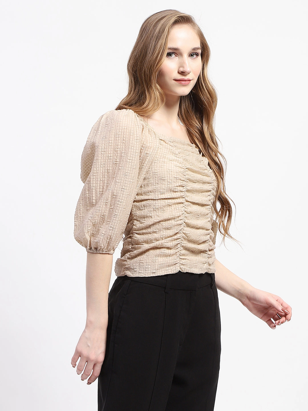Madame Beige Ruched Top with Puff Sleeves Ventilated Mesh Panels