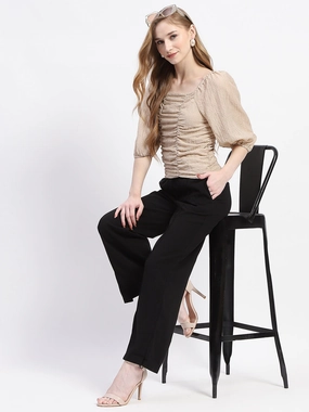 Madame Beige Ruched Top with Puff Sleeves AthleisureInspired LowProfileSeams