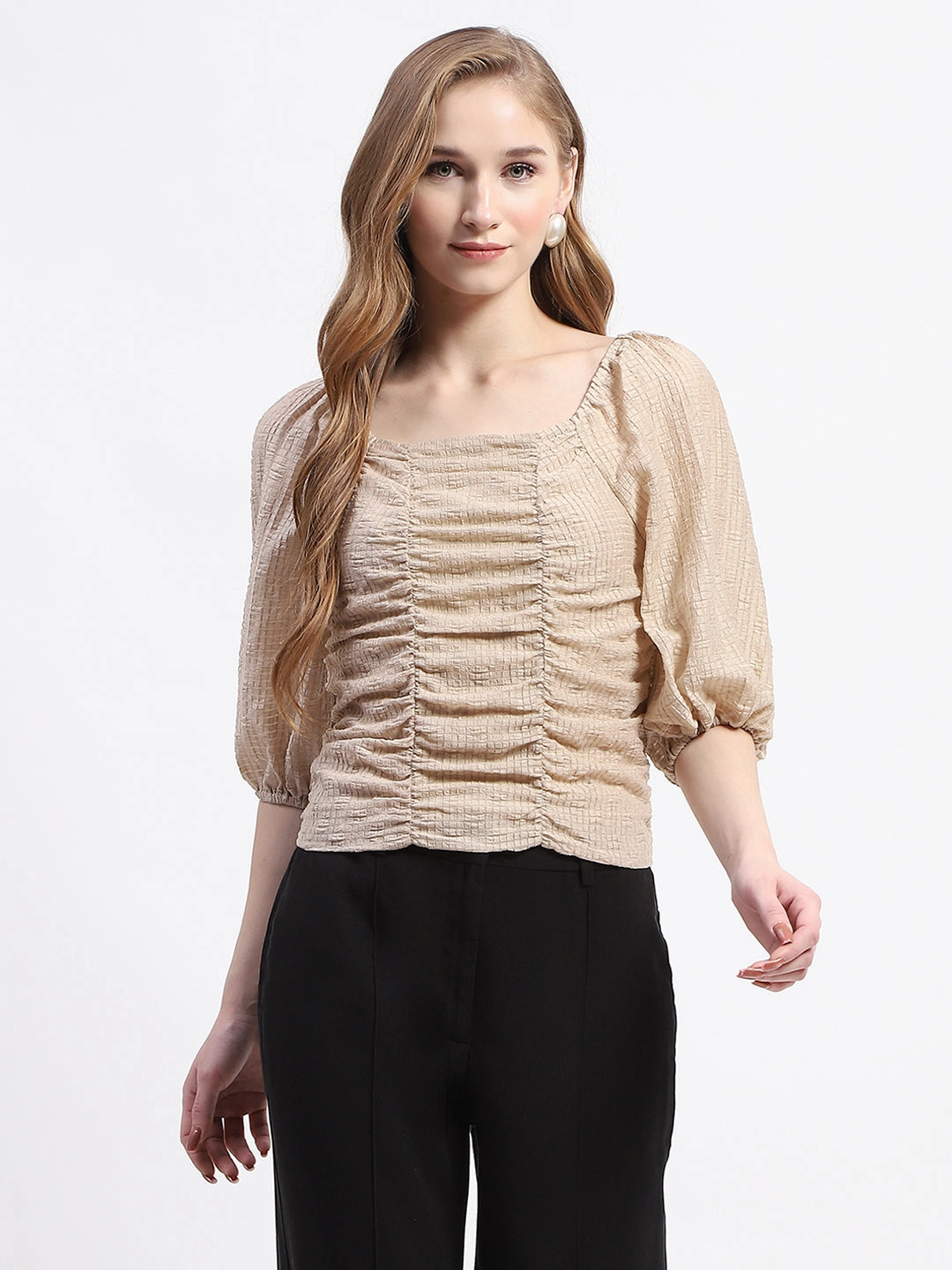 Distressed Texture Wide Shoulder Cut Madame Beige Ruched Top with Puff Sleeves