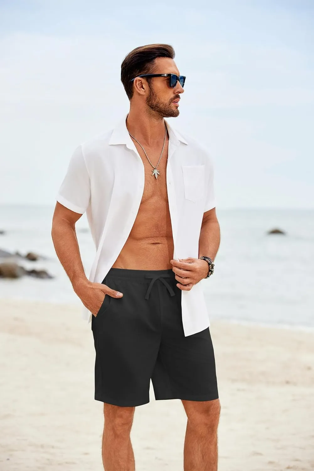 COOFANDY Men's Casual Shorts Elastic Waist Drawstring Lightweight Summer Beach Shorts