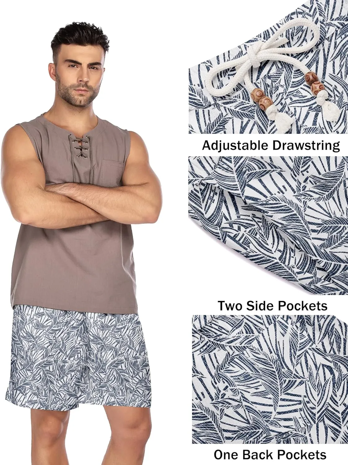 COOFANDY Men's Linen Shorts Casual Elastic Waist Drawstring Summer Beach Shorts