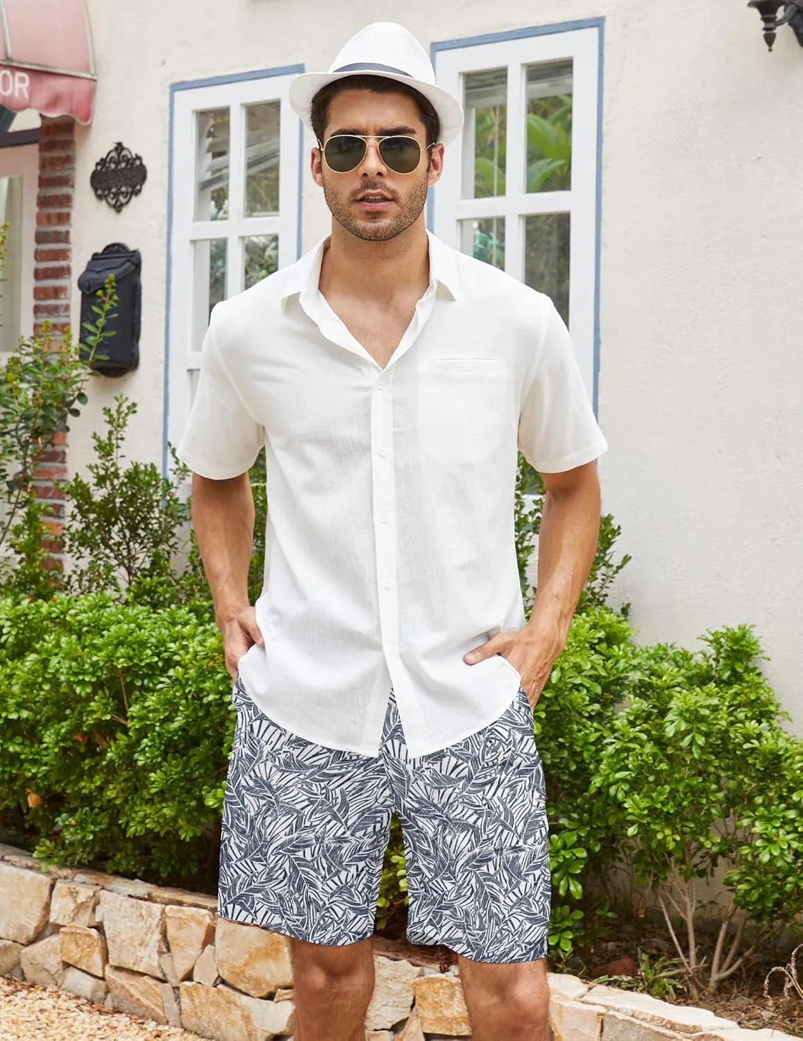 COOFANDY Men's Linen Shorts Casual Elastic Waist Drawstring Summer Beach Shorts