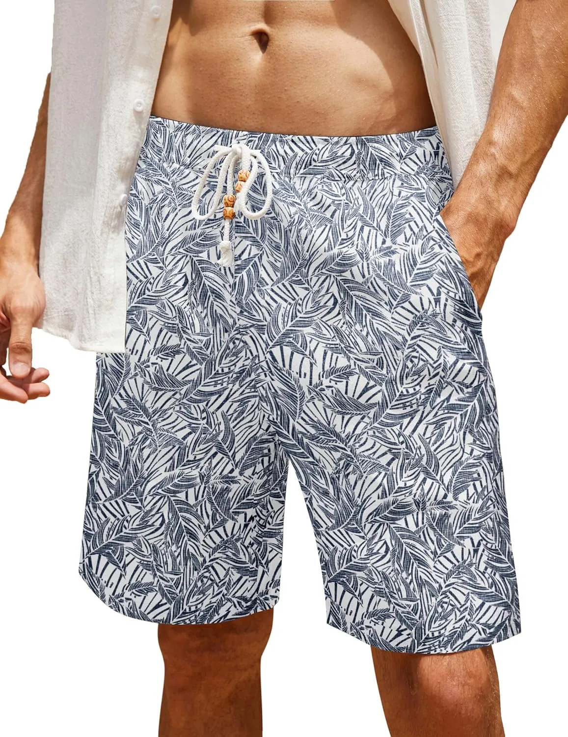 COOFANDY Men's Linen Shorts Casual Elastic Waist Drawstring Summer Beach Shorts