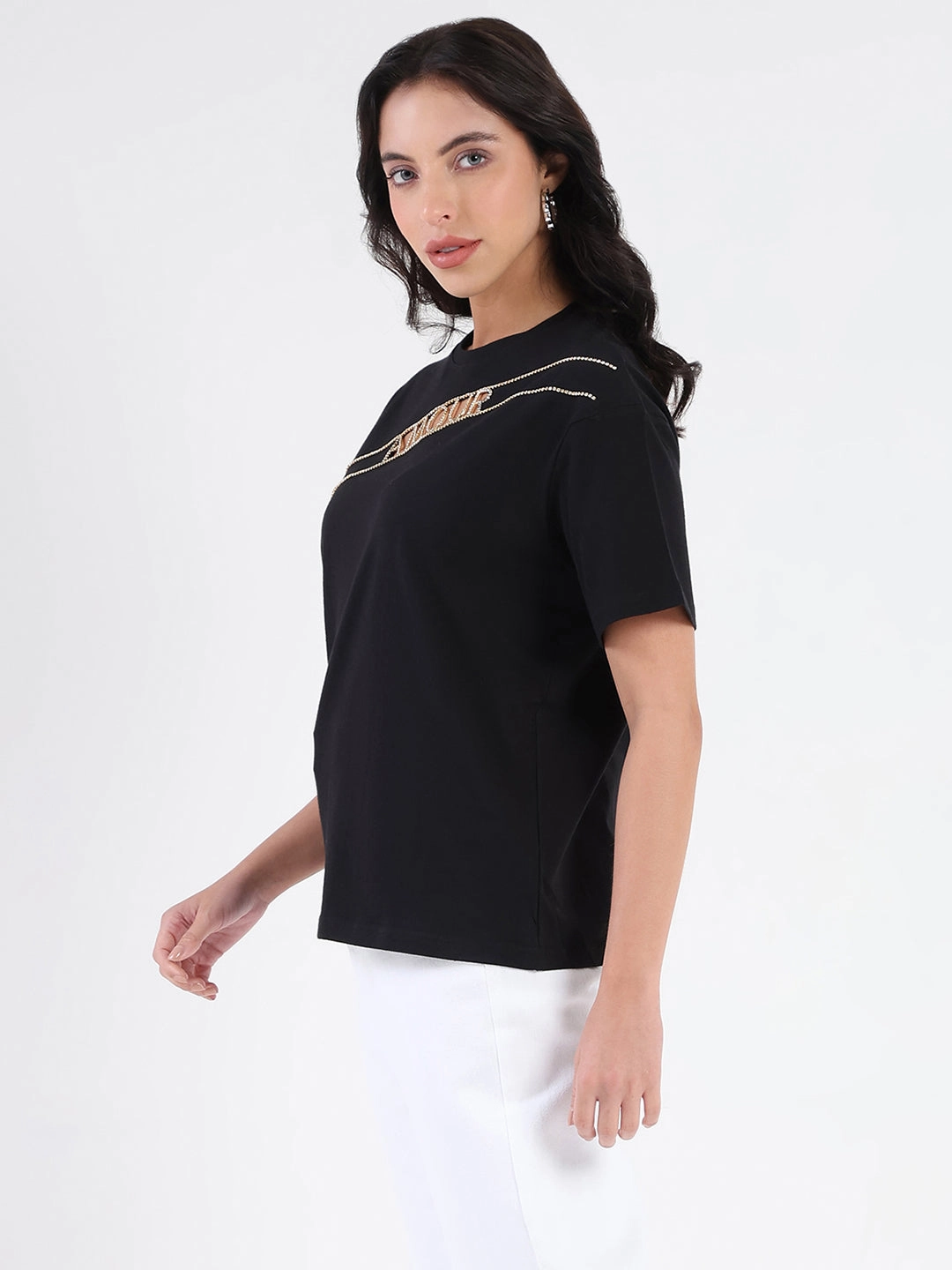 Madame Embellished Cutwork Detail Black Cotton T-shirt Quick Dry Fit TemperatureRegulating