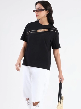 Madame Embellished Cutwork Detail Black Cotton T-shirt Layering Essential Comfortable Look
