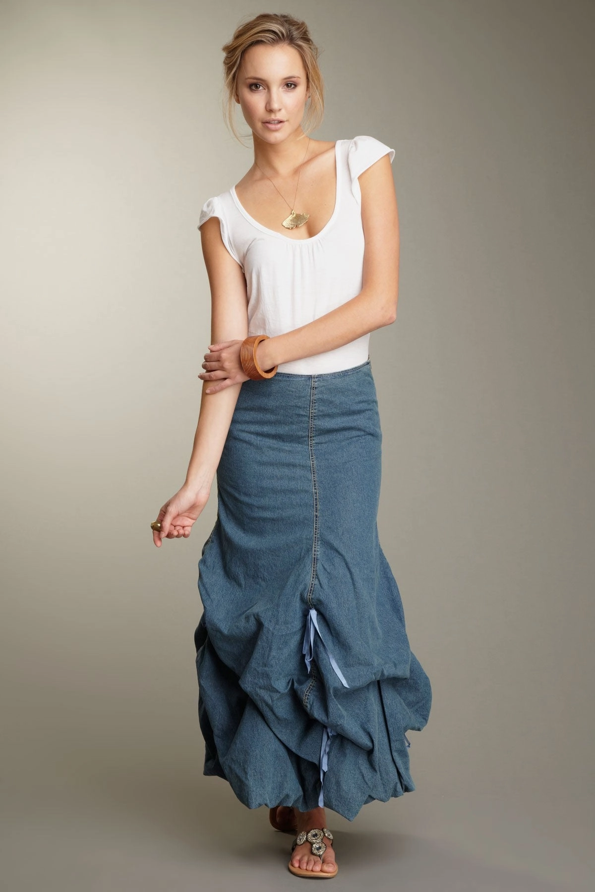 Stretch Denim Balloon Skirt - Blue Denim Adjustable Fastening