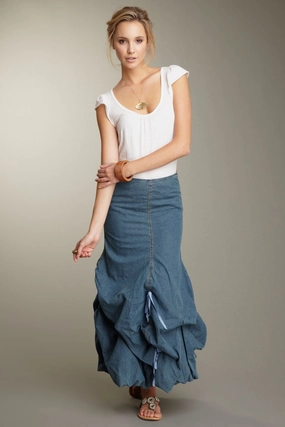 Stretch Denim Balloon Skirt - Blue Denim Adjustable Fastening