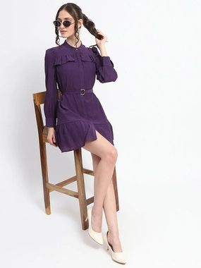 Polished Look Madame Buckle Detailed Solid Purple Shirt Dress For Women