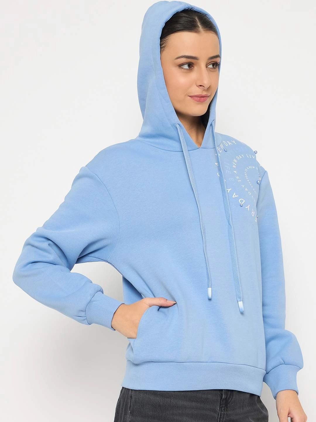 Windproof Design Comfy Layer Madame Placement Printed Pearl Detailed Powder Blue Sweatshirt
