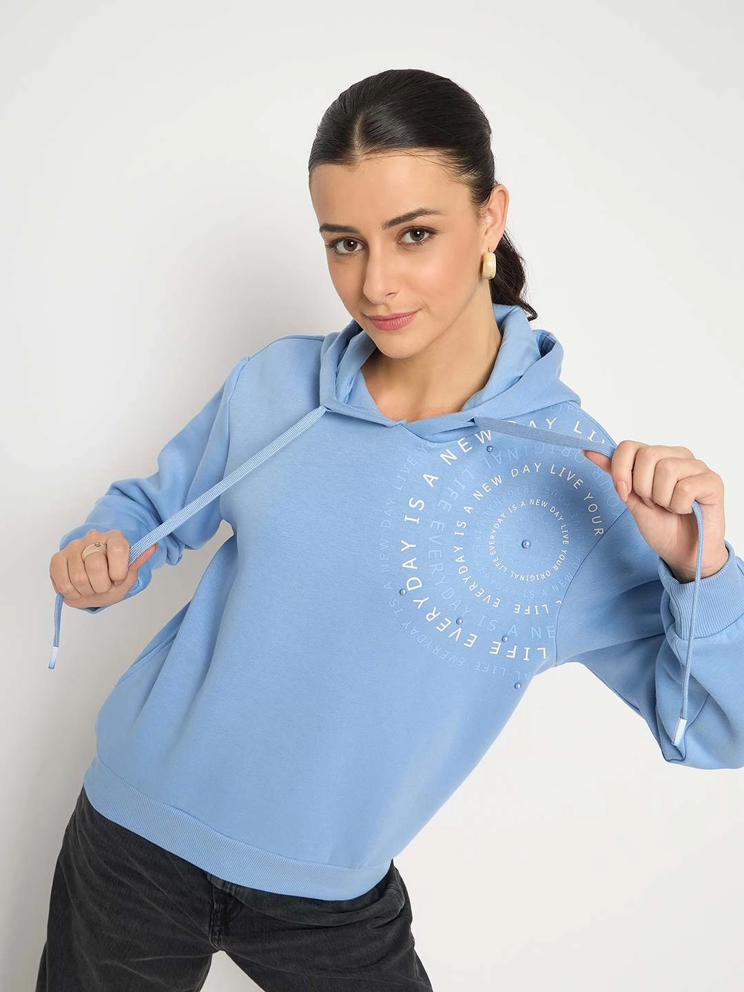 product chambray casualness Youthful Vibe Madame Placement Printed Pearl Detailed Powder Blue Sweatshirt