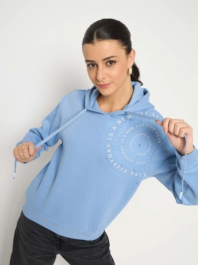 product chambray casualness Youthful Vibe Madame Placement Printed Pearl Detailed Powder Blue Sweatshirt