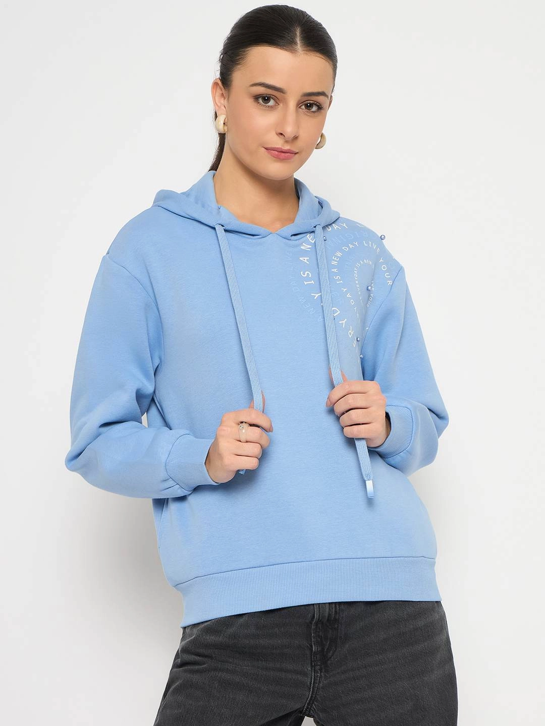 Madame Placement Printed Pearl Detailed Powder Blue Sweatshirt product sustainability impact