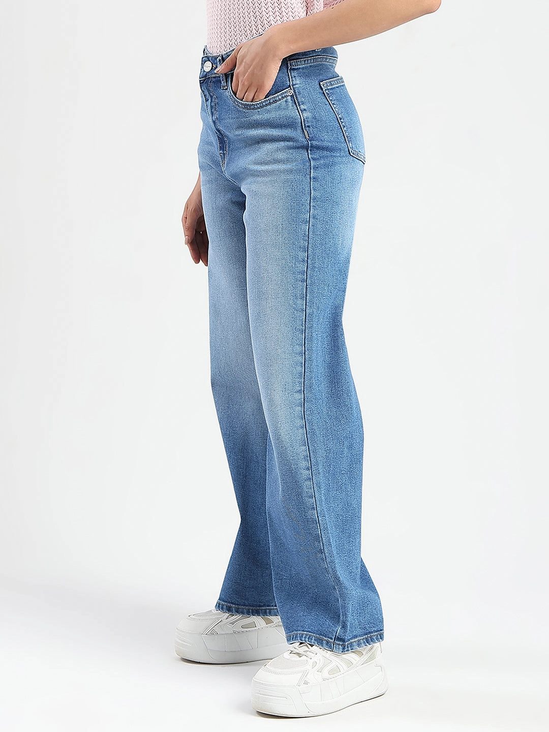 Year Rounder Stylish Look Madame Stone Wash Wide Leg Light Blue Cotton Blend Jeans