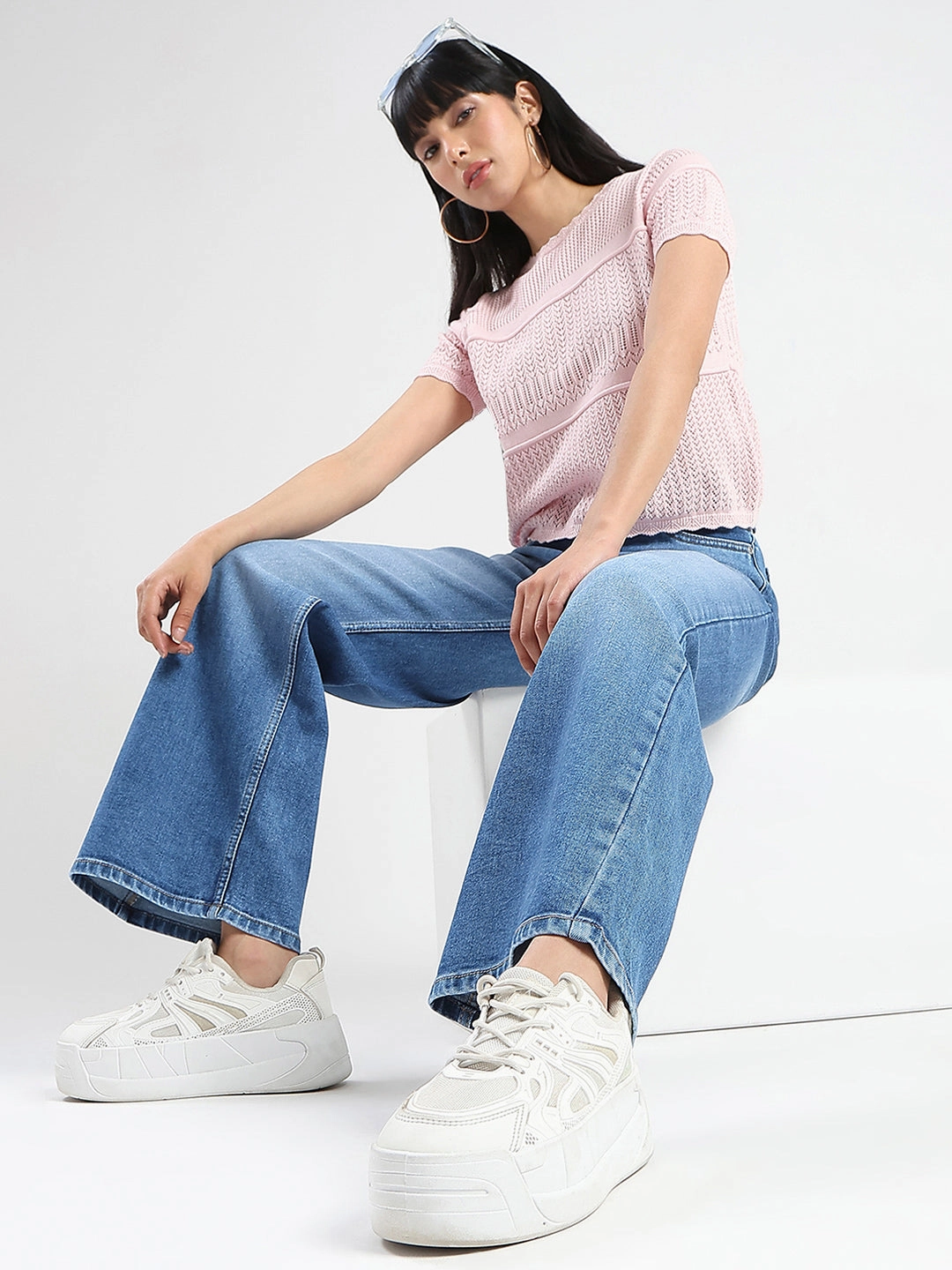 Essential Look Functional Wear Madame Stone Wash Wide Leg Light Blue Cotton Blend Jeans