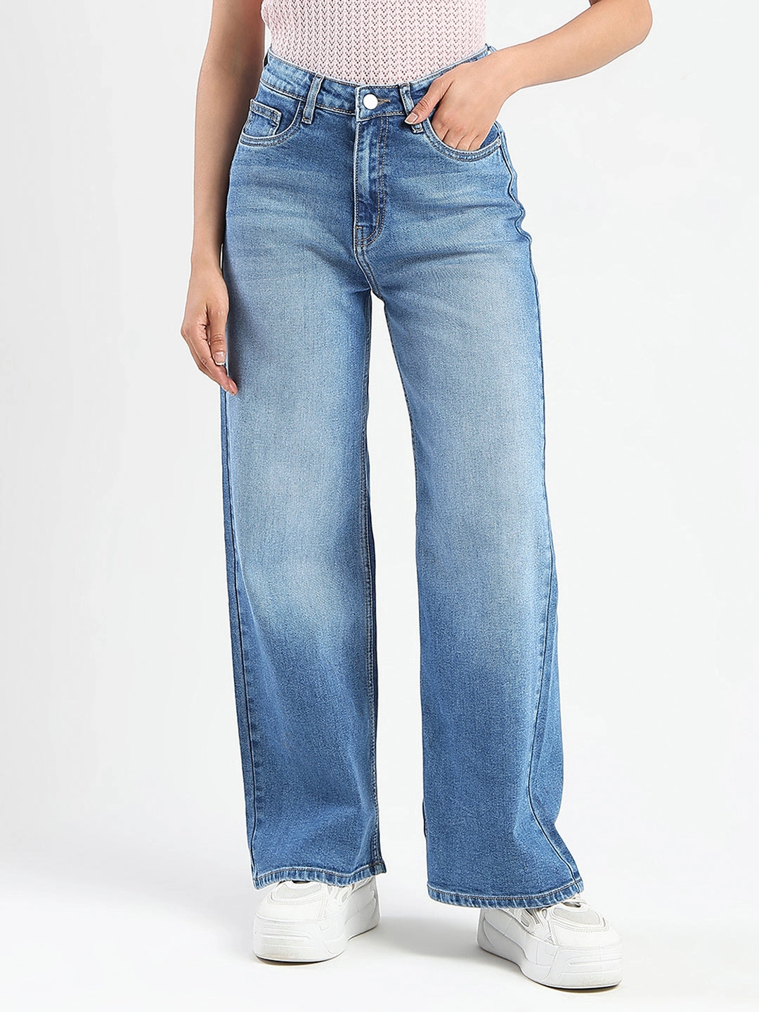 Contemporary Look Fashionable Waist Madame Stone Wash Wide Leg Light Blue Cotton Blend Jeans