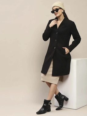 Madame Melange Side Inseam Pocketed Black Long Coat NonIrritatingLining