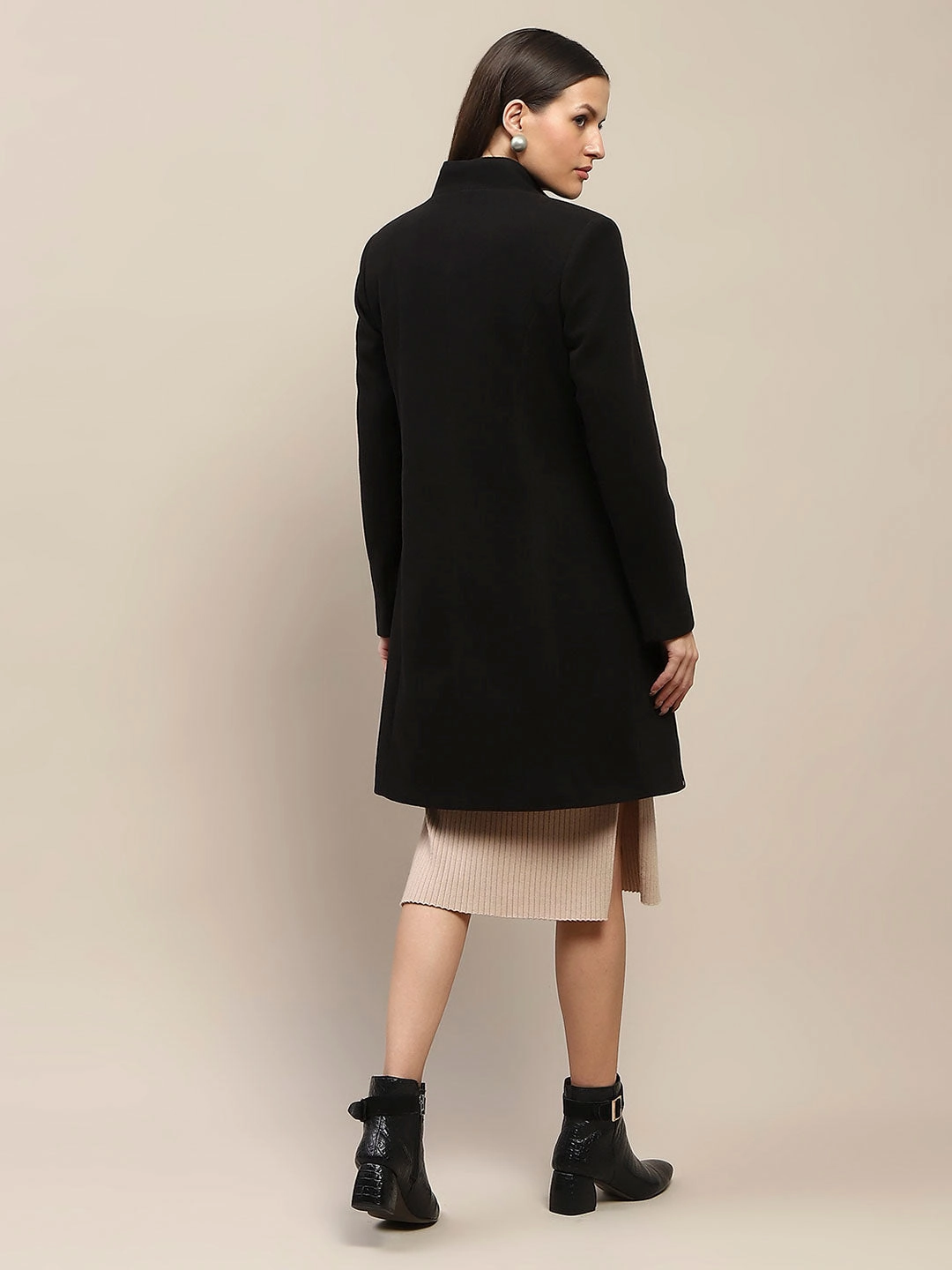 Madame Melange Side Inseam Pocketed Black Long Coat snag resistant