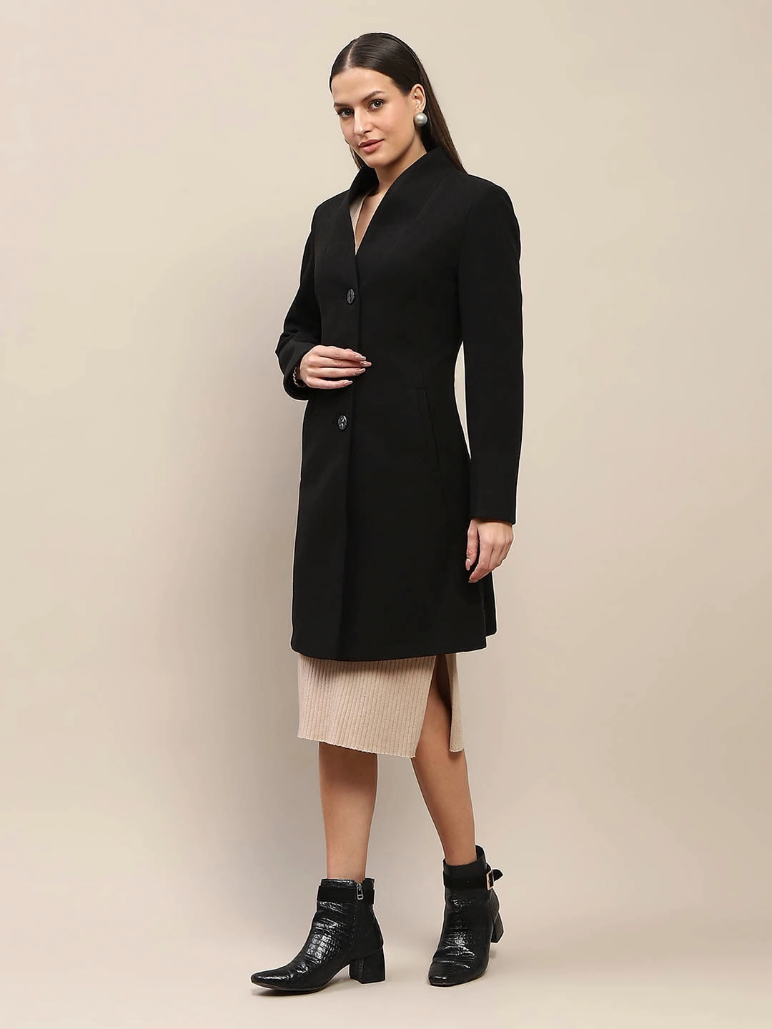 All Occasion Refined Style Madame Melange Side Inseam Pocketed Black Long Coat