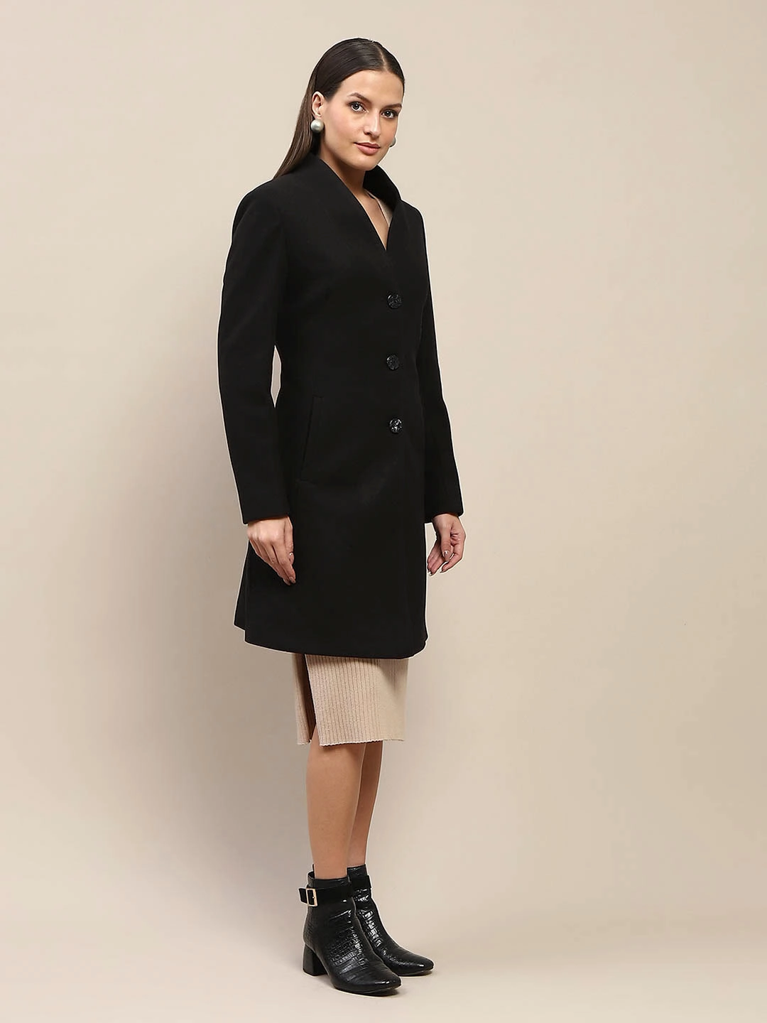 All Year Use Madame Melange Side Inseam Pocketed Black Long Coat
