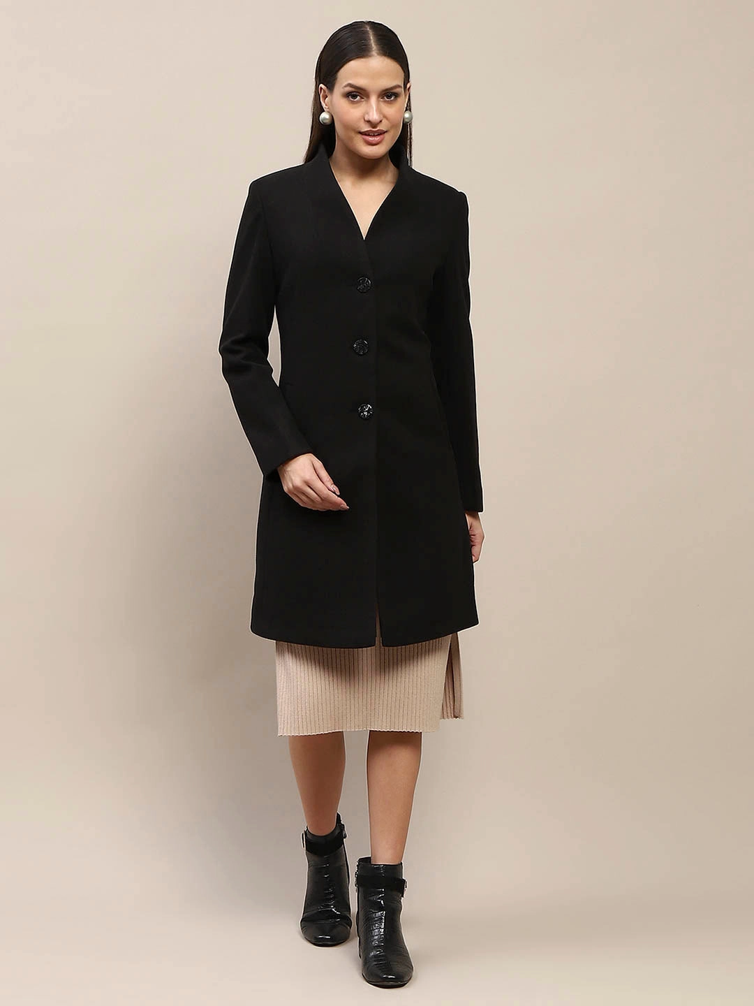 Low Maintenance Fabric Madame Melange Side Inseam Pocketed Black Long Coat