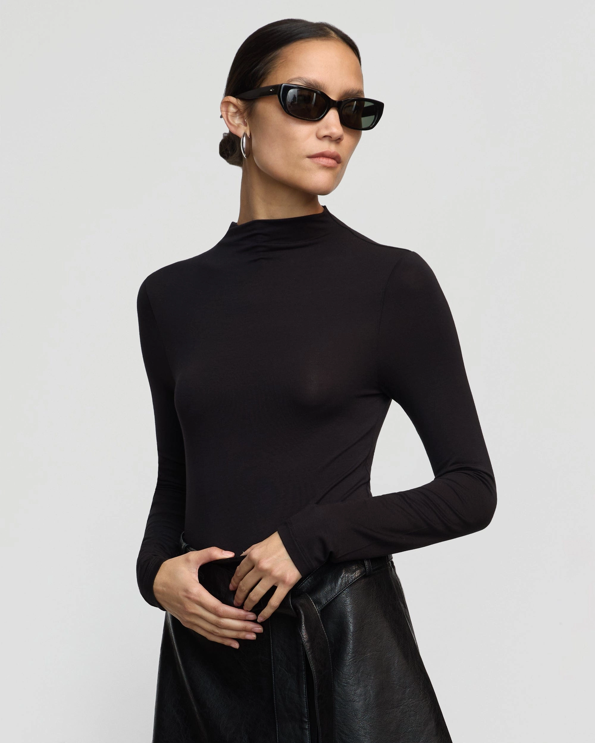 Ava Mock-Neck Long-Sleeve Tee Stretch Knit Fabric
