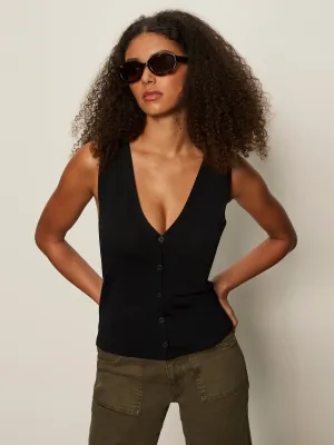 Knitted Button Front Top Black Comfortable and stylish