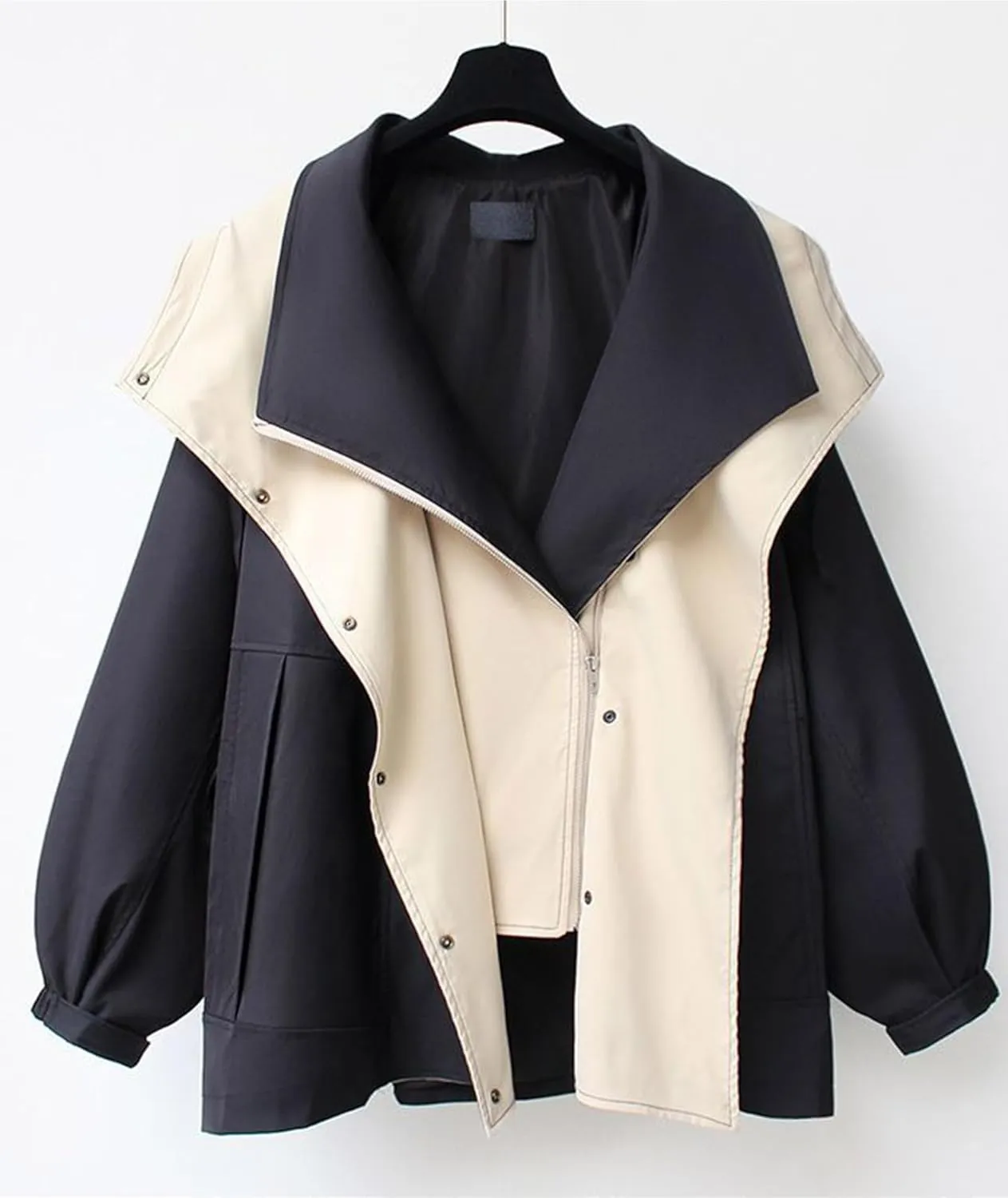 Costaric Women's Oversized Color Block Jacket Spring Autumn Casual Lapel Zip Jacket Long Sleeve Lightweight With Pockets Coat