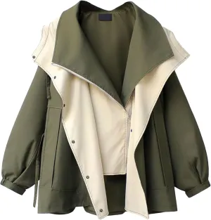 Costaric Women's Oversized Color Block Jacket Spring Autumn Casual Lapel Zip Jacket Long Sleeve Lightweight With Pockets Coat