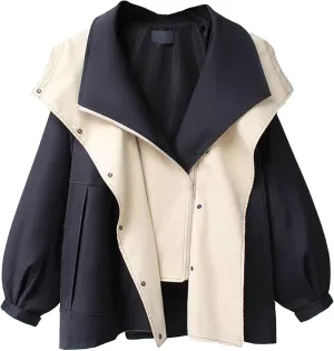 Costaric Women's Oversized Color Block Jacket Spring Autumn Casual Lapel Zip Jacket Long Sleeve Lightweight With Pockets Coat