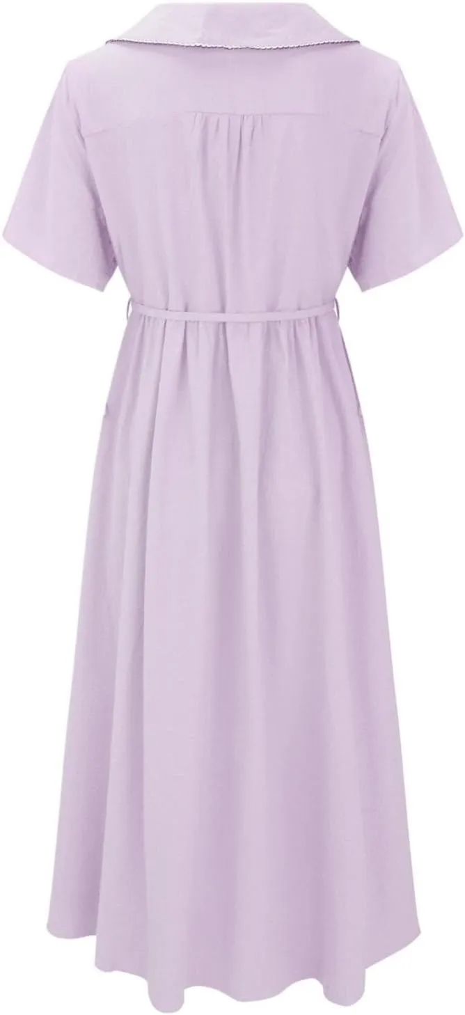 Cotton Linen Dresses for Women Vintage V Neck Buttons Short Sleeve Boho Midi Beach Dress Trendy Casual A-Line Long Dress