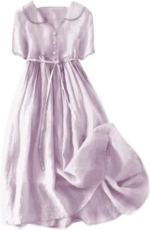 Cotton Linen Dresses for Women Vintage V Neck Buttons Short Sleeve Boho Midi Beach Dress Trendy Casual A-Line Long Dress