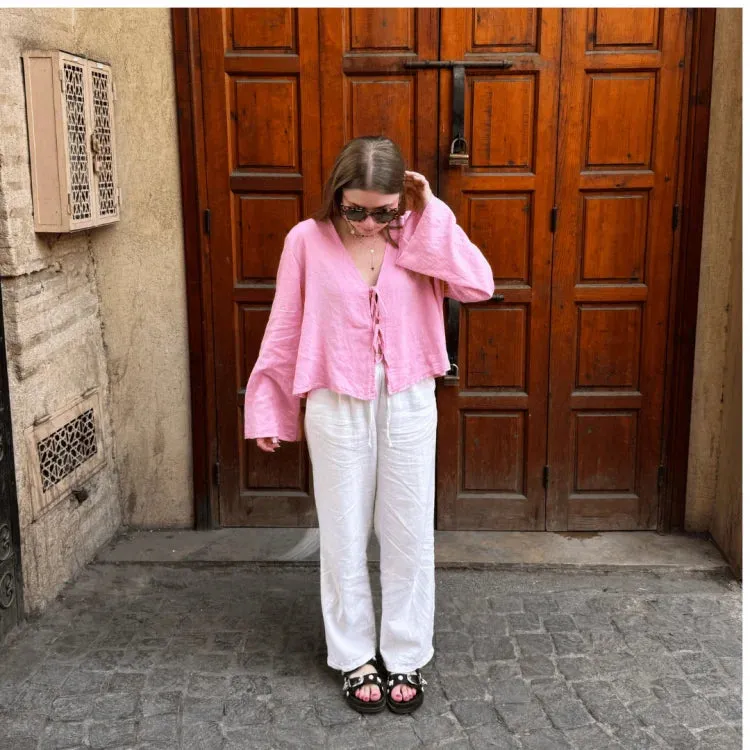 Cotton Linen Lace Up Bow Shirts Women Loose Hollow Out V Neck Long Sleeve Tops Female 2024 Spring New Lady Streetwear Top