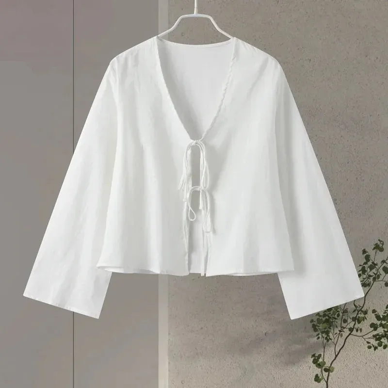 Cotton Linen Lace Up Bow Shirts Women Loose Hollow Out V Neck Long Sleeve Tops Female 2024 Spring New Lady Streetwear Top