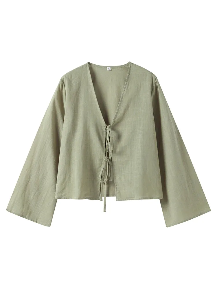Cotton Linen Lace Up Bow Shirts Women Loose Hollow Out V Neck Long Sleeve Tops Female 2024 Spring New Lady Streetwear Top