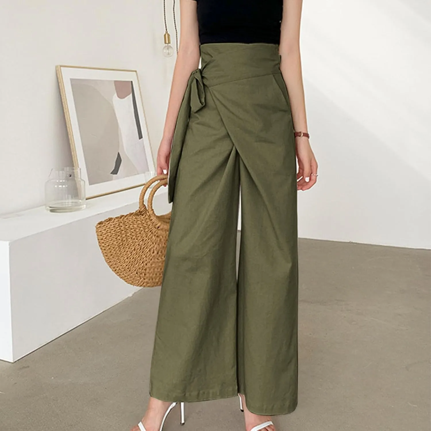 Cotton Linen Palazzo Pants for Women Fashion Side Paperbag Wide Leg Pants Casual Loose Elegant Solid Irregular Trousers