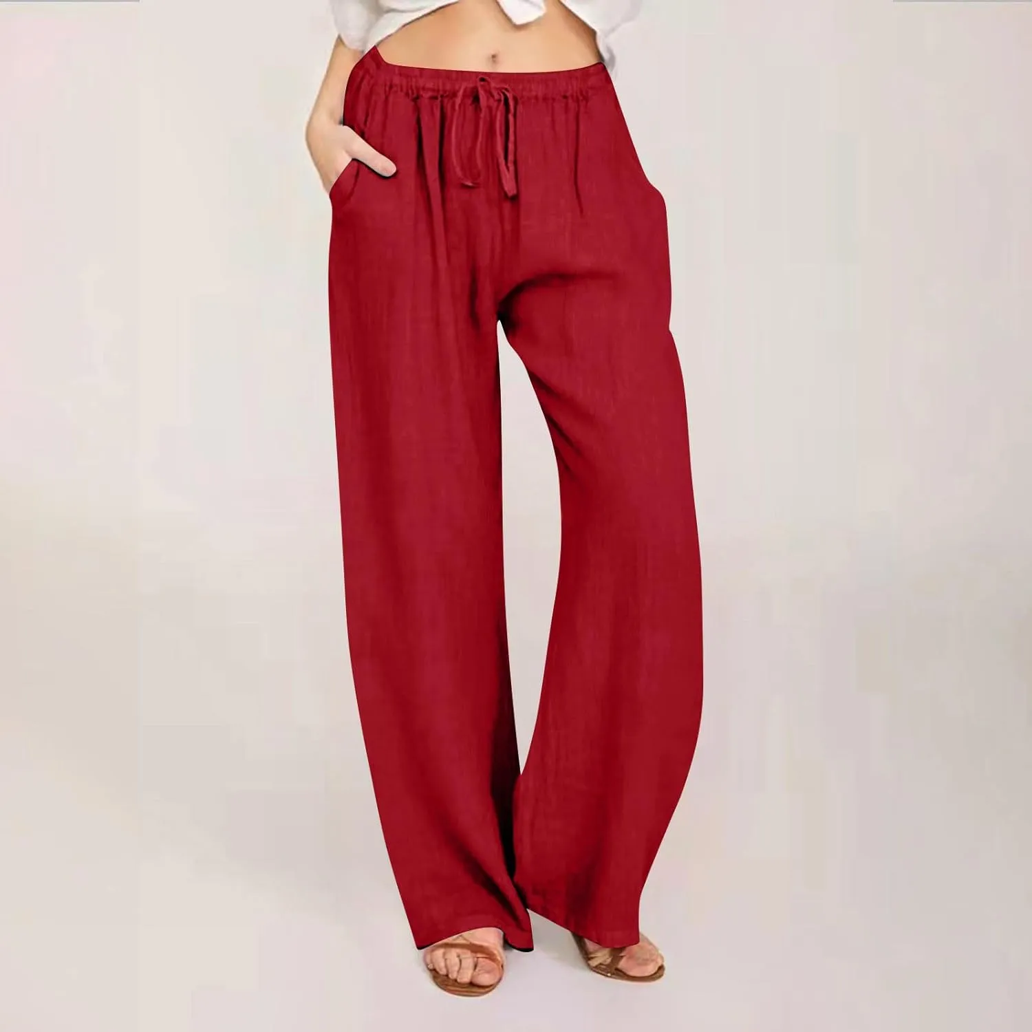 Cotton Linen Pants for Women Lightweight High Waisted Pants Tie Knot Wide Leg Pants Summer Lounge Pants with Pockets