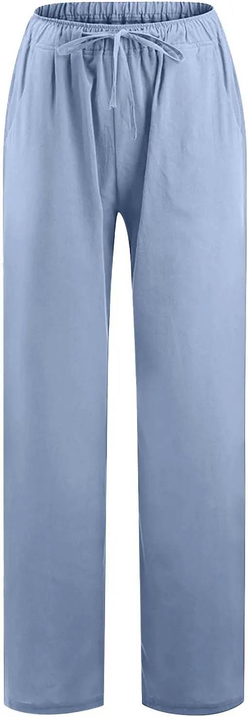 Cotton Linen Pants for Women Lightweight High Waisted Pants Tie Knot Wide Leg Pants Summer Lounge Pants with Pockets