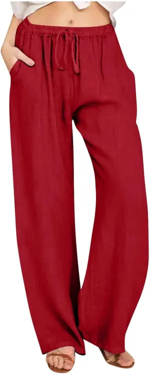 Cotton Linen Pants for Women Lightweight High Waisted Pants Tie Knot Wide Leg Pants Summer Lounge Pants with Pockets