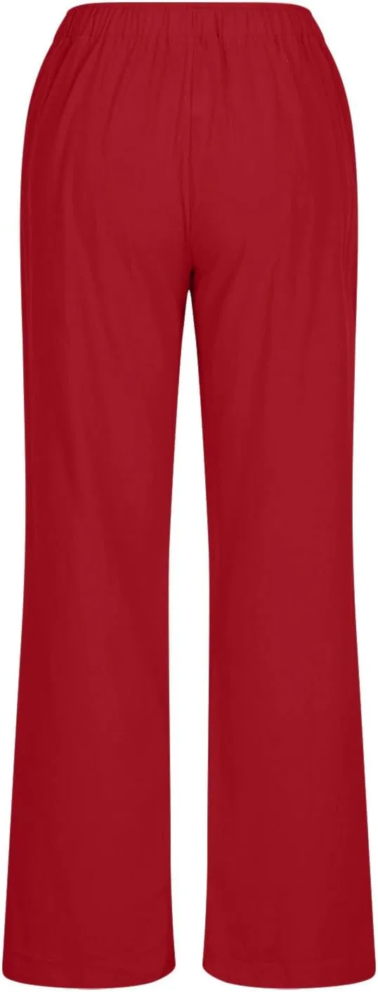 Cotton Linen Pants for Women Lightweight High Waisted Pants Tie Knot Wide Leg Pants Summer Lounge Pants with Pockets