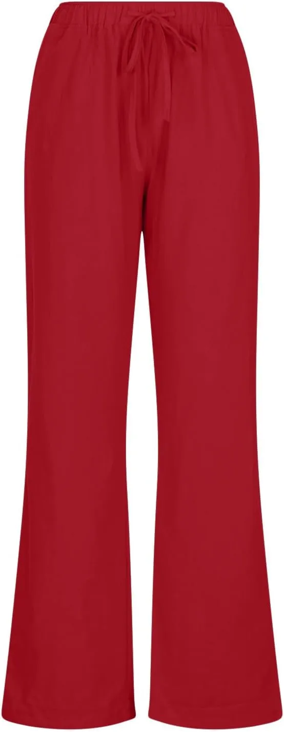 Cotton Linen Pants for Women Lightweight High Waisted Pants Tie Knot Wide Leg Pants Summer Lounge Pants with Pockets