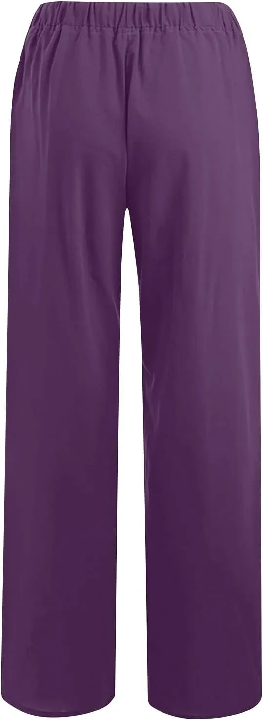Cotton Linen Pants for Women Lightweight High Waisted Pants Tie Knot Wide Leg Pants Summer Lounge Pants with Pockets