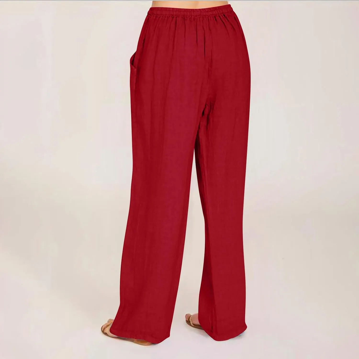 Cotton Linen Pants for Women Lightweight High Waisted Pants Tie Knot Wide Leg Pants Summer Lounge Pants with Pockets
