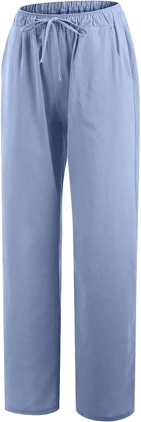 Cotton Linen Pants for Women Lightweight High Waisted Pants Tie Knot Wide Leg Pants Summer Lounge Pants with Pockets