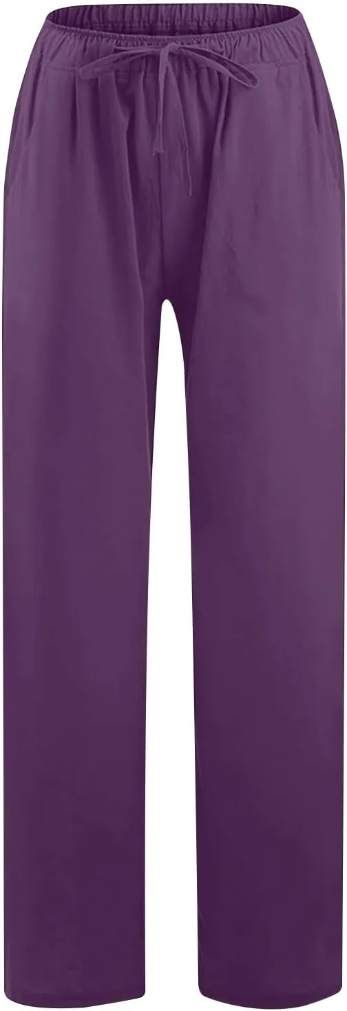 Cotton Linen Pants for Women Lightweight High Waisted Pants Tie Knot Wide Leg Pants Summer Lounge Pants with Pockets