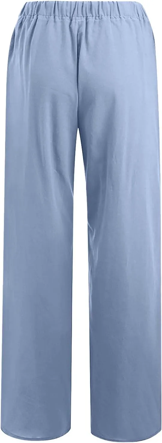 Cotton Linen Pants for Women Lightweight High Waisted Pants Tie Knot Wide Leg Pants Summer Lounge Pants with Pockets