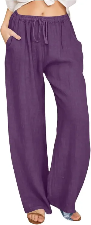 Cotton Linen Pants for Women Lightweight High Waisted Pants Tie Knot Wide Leg Pants Summer Lounge Pants with Pockets
