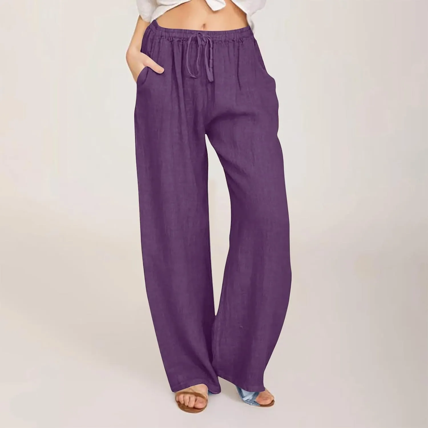 Cotton Linen Pants for Women Lightweight High Waisted Pants Tie Knot Wide Leg Pants Summer Lounge Pants with Pockets